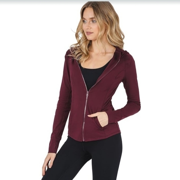 Yogalicious Lux Long Sleeve Full Zip Maroon Hooded Pockets Sweatshirt - Size M - Picture 2 of 7